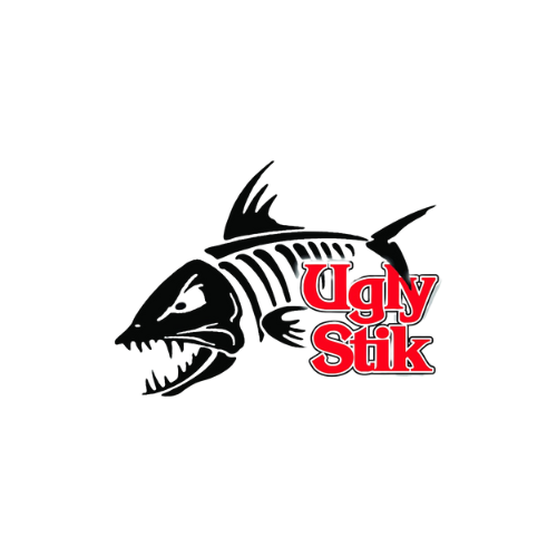 Ugly Stik logo featuring a fierce black fish skeleton illustration alongside bold red text, representing a brand known for durable and reliable fishing rods designed for a variety of fishing styles