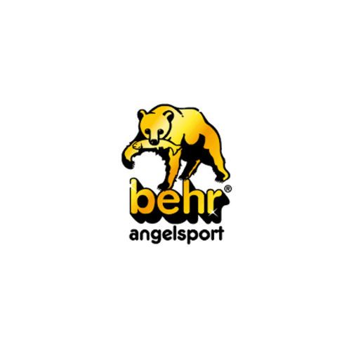 Behr Angelsport logo featuring a golden bear illustration above the brand name in bold yellow text with black outlines, symbolizing a German company known for high-quality fishing tackle and accessories