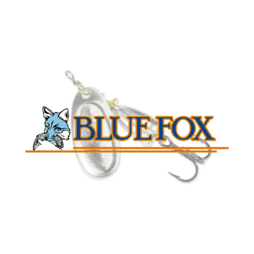 Blue Fox logo featuring a stylized blue fox head alongside a fishing spinner lure, representing a brand renowned for its quality fishing lures and tackle