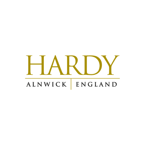 Hardy logo featuring elegant gold text with 'Alnwick | England' in smaller black letters below, representing a historic British brand renowned for premium fly fishing rods and reels