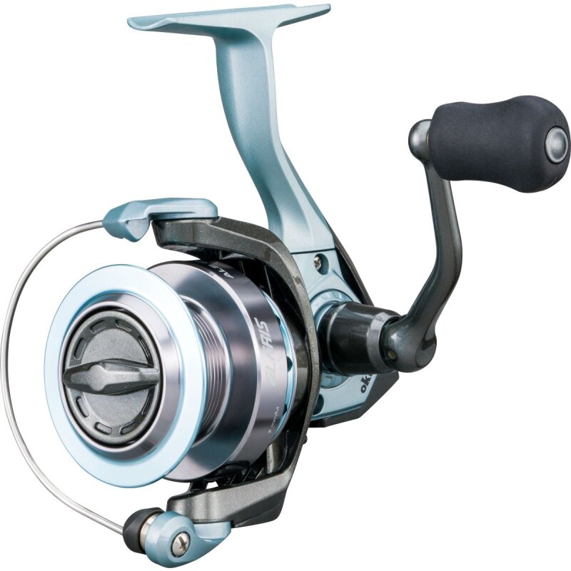 OKUMA Alaris Spin 65 fishing reel with a sleek blue and silver design, ergonomic handle, and durable construction for freshwater and saltwater fishing.
