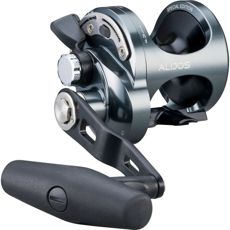 OKUMA Alijos 5 II Jigging 2 Speed RH fishing reel with ergonomic handle, sleek metallic finish, and durable construction for saltwater fishing.