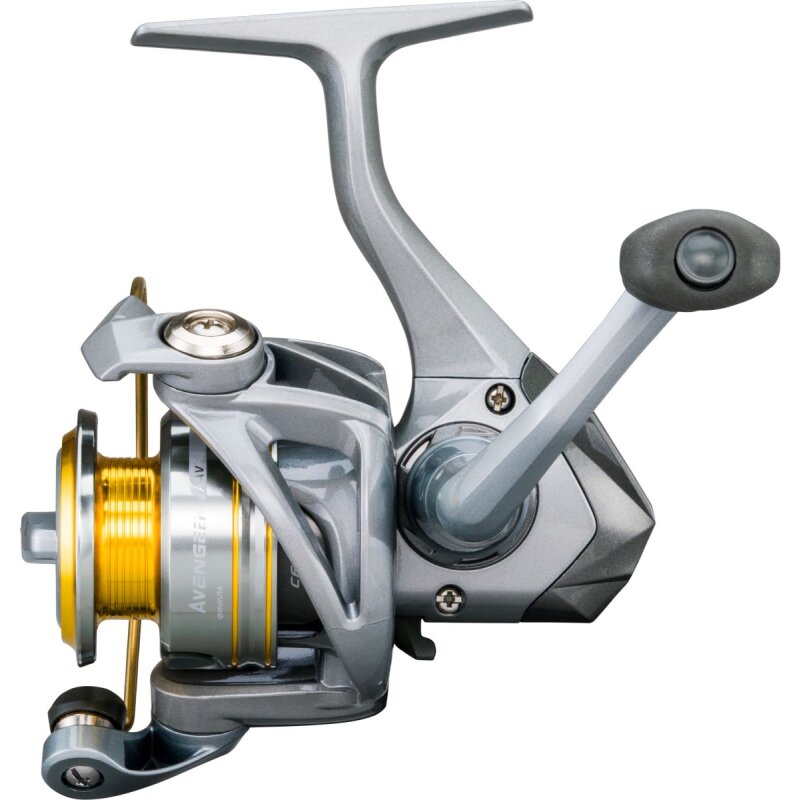 OKUMA Avenger Spin 500A fishing reel with a sleek silver and gold design, ergonomic handle, and durable construction for smooth spinning performance.