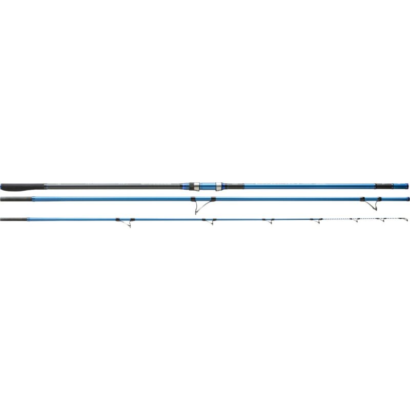 OKUMA Surfliner + Surf LR 4,2m 100-250g fishing rod with a sleek blue and black design, featuring durable guides and ergonomic handle for surf casting.