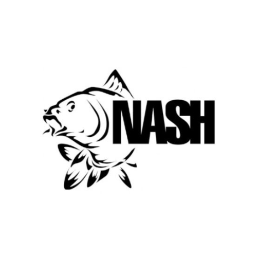 Nash logo featuring bold black lettering with an illustration of a carp fish, representing a well-known brand specializing in innovative fishing tackle and equipment, particularly for carp fishing