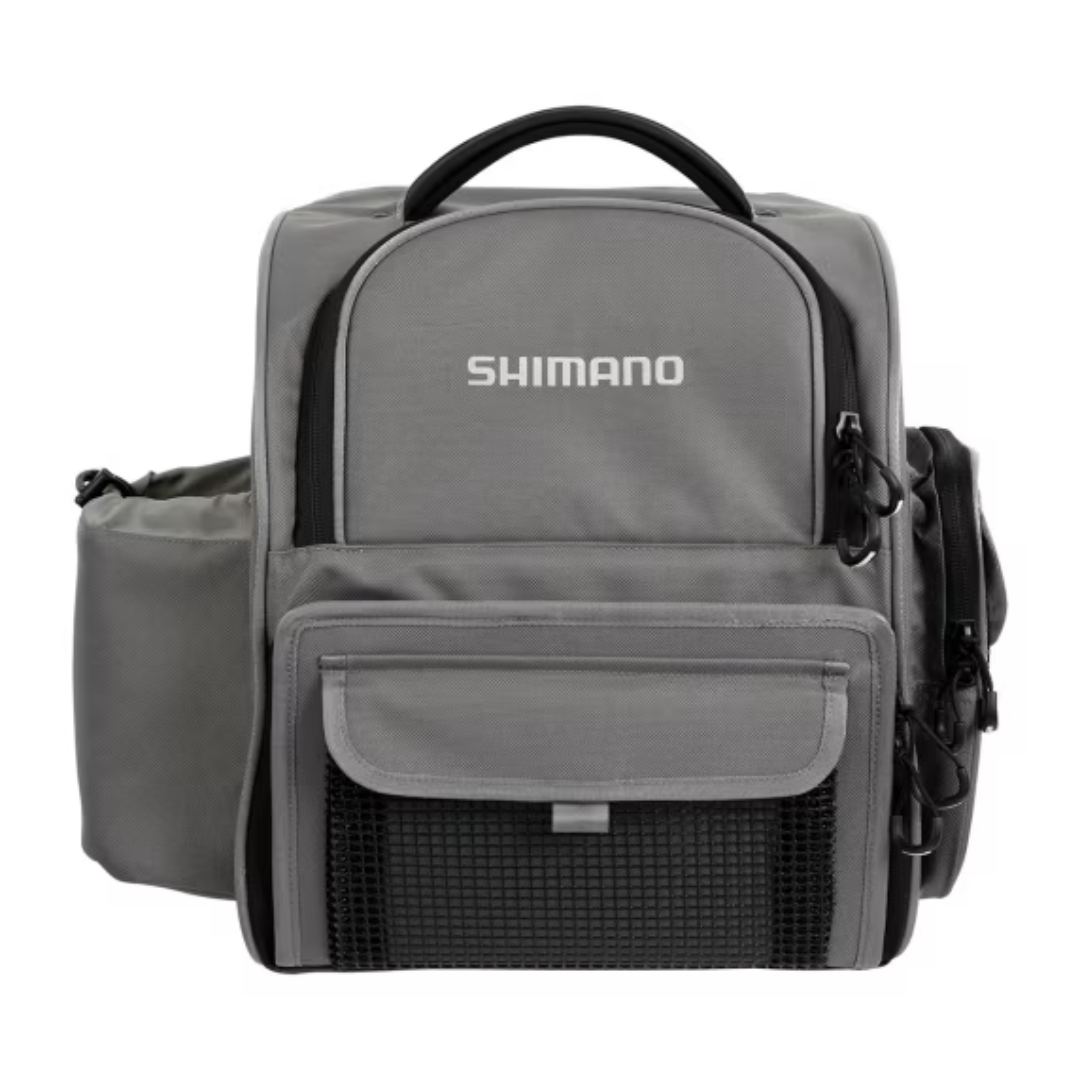 Shimano medium backpack in gray with multiple compartments, featuring a durable design for fishing tackle storage.