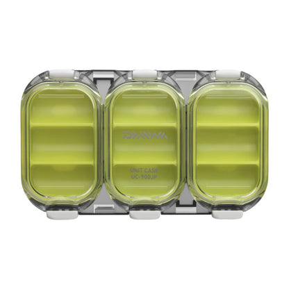 DAIWA Box Waterproof Sealed with 9 compartments, shallow design measuring 11x6.5x1.3cm in green smoke color. Ideal for organizing small items in bags and luggage.