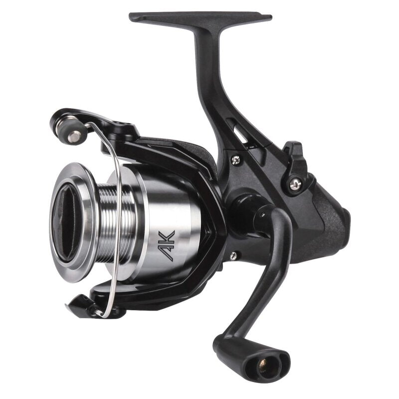 OKUMA AK Baitfeeder Spin 5000 fishing reel with a sleek black and silver design, featuring a durable handle and smooth spinning mechanism.