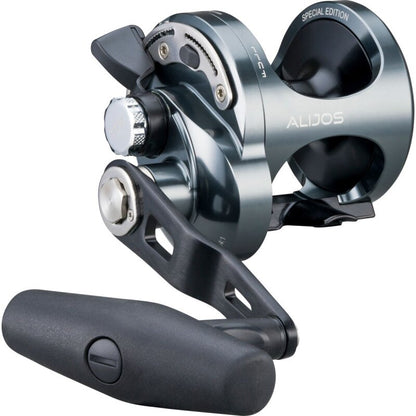 OKUMA Alijos 12 NSII Jigging 2 Speed RH fishing reel with ergonomic handle, sleek metallic finish, and durable construction for saltwater use.