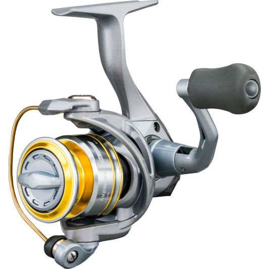 OKUMA Avenger Spin 4000 fishing reel with a sleek silver and gold design, ergonomic handle, and durable construction for versatile fishing.