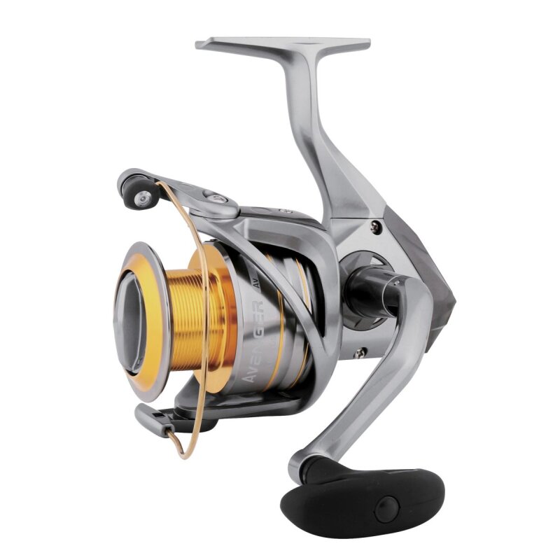 OKUMA Avenger Spin 8000 fishing reel with a sleek silver and gold design, ergonomic handle, and durable construction for versatile fishing.