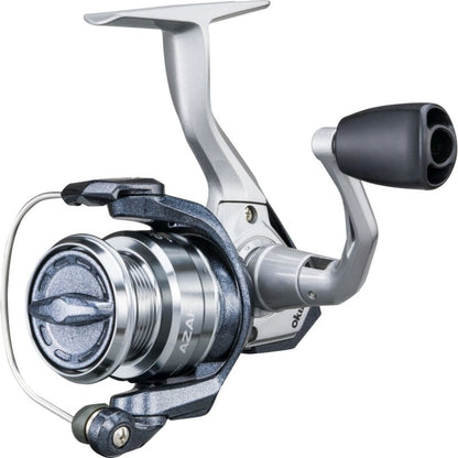 OKUMA Azakai 65 fishing reel with a sleek silver and black design, featuring a durable handle and smooth spool for optimal performance.