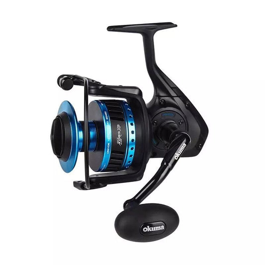OKUMA Azores XP High Speed Spin 14000H fishing reel with a sleek black and blue design, featuring a durable handle and high-performance spool.
