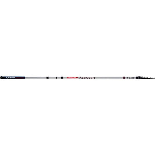 OKUMA Competition Avenger MH 5m fishing rod with a sleek white design, durable construction, and telescopic sections for versatile angling.