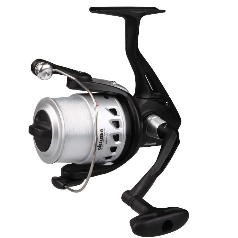 OKUMA Electron Front Drag 165 fishing reel with sleek black and silver design, featuring a durable front drag system and ergonomic handle.