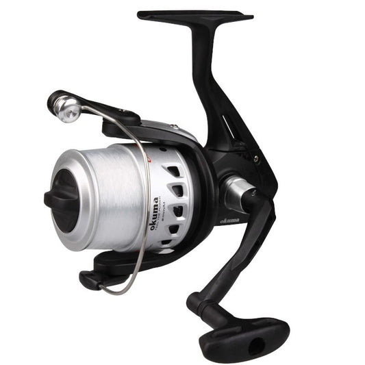 OKUMA Electron Front Drag 165 fishing reel with sleek black and silver design, featuring a durable front drag system and ergonomic handle.