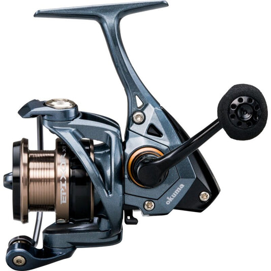 OKUMA Epixor XT Spin 55 fishing reel with sleek metallic design, ergonomic handle, and durable construction for freshwater and saltwater fishing.