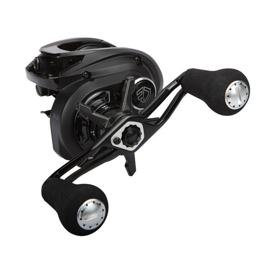 OKUMA Hakai DT LP Baitcast 101-A LH fishing reel with ergonomic dual handles, sleek black design, and precision components for left-handed anglers.