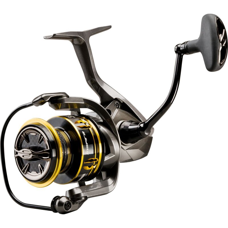 OKUMA Inspira Spin Shallow Spool C2000SA fishing reel with sleek black and gold design, lightweight frame, and ergonomic handle for precision angling.