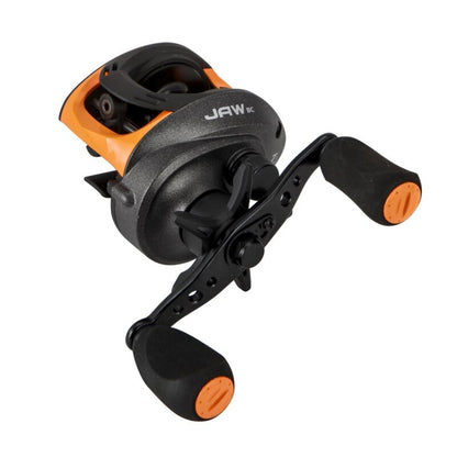 OKUMA Jaw Baitcast Low Profil J101A LH fishing reel with ergonomic handle, sleek black and orange design, and durable construction.