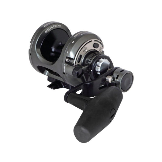 OKUMA Makaira Sea Two Speed Lever Drag 30II fishing reel with durable metal construction, ergonomic handle, and precision drag system.
